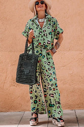 Leopard Collared Neck Top and Pants Set OutfitFlow